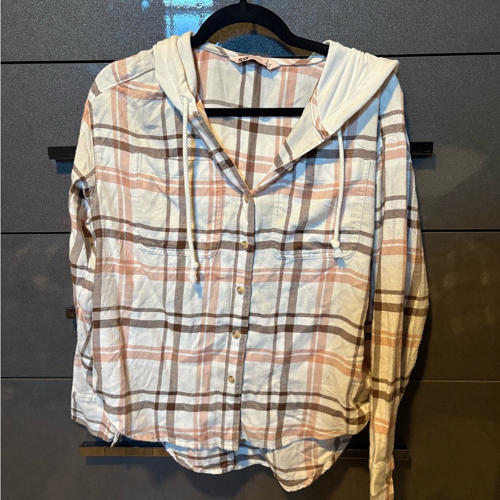 Cream and Brown Plaid Hooded Shirt